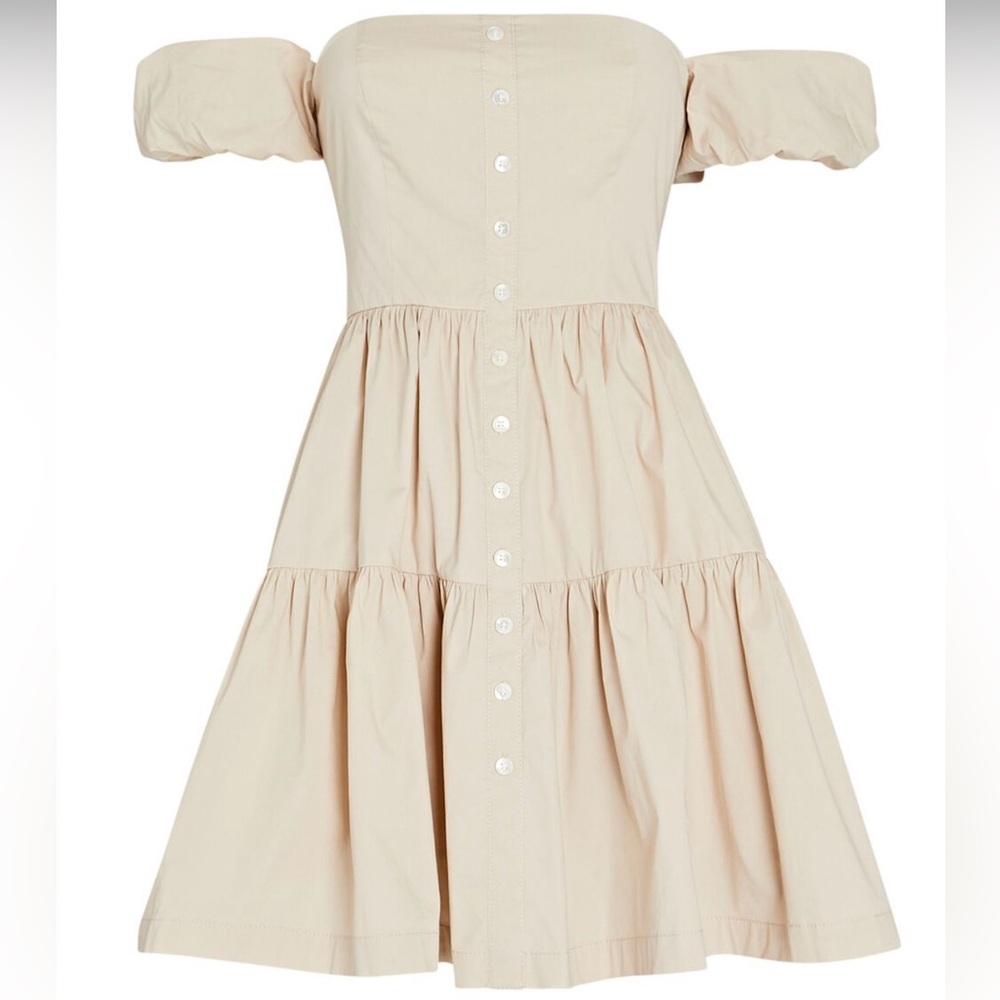 STAUD Elio off-the-shoulder cotton mini tiered dress. Size 10. Beige